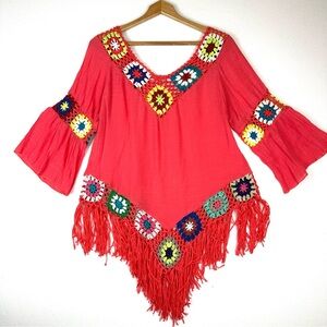 Asha Multi Colored Crochet‎ Square Boho Peasant Shirt
